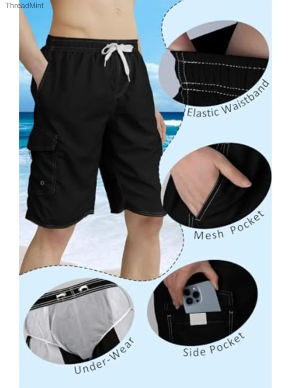 Men's Quick Dry Swim Trunks with Mesh Liner, UPF 50, Drawstring